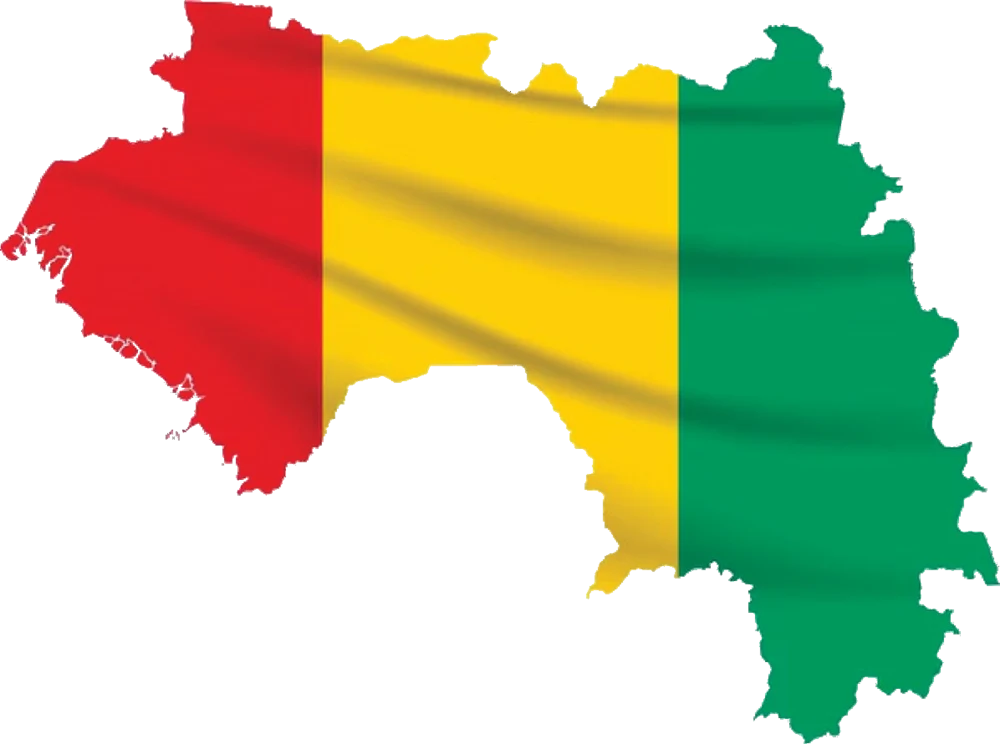 Carte de la Guinée aux couleurs de son drapeau : rouge, jaune, vert